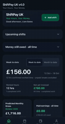 ShiftPay UK V4 Build 15 animated development preview showing home, shifts, calendar and earnings. Test data confirmed.