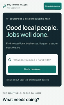 Southport Trades animated development preview showing local services directory and customer quote journey.